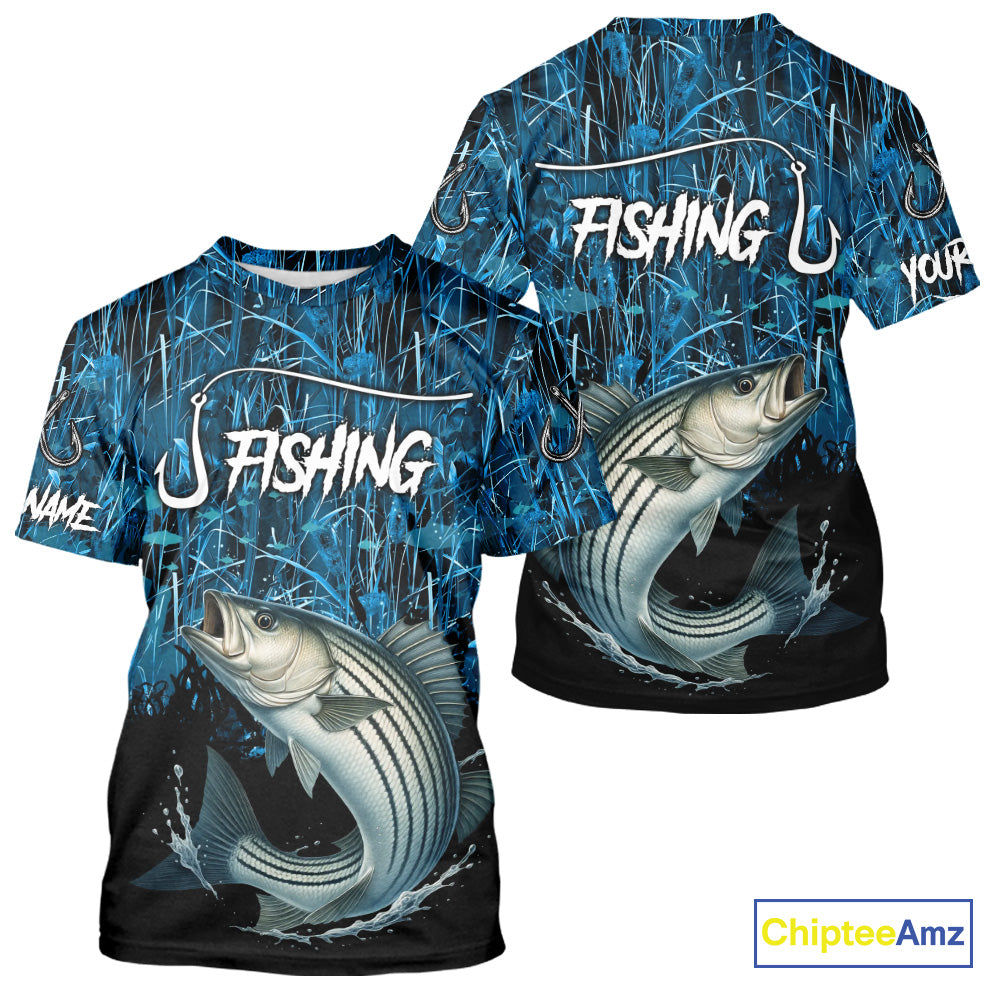 Striped Bass Fishing blue camo Custom UV protection Striper long sleeves fishing