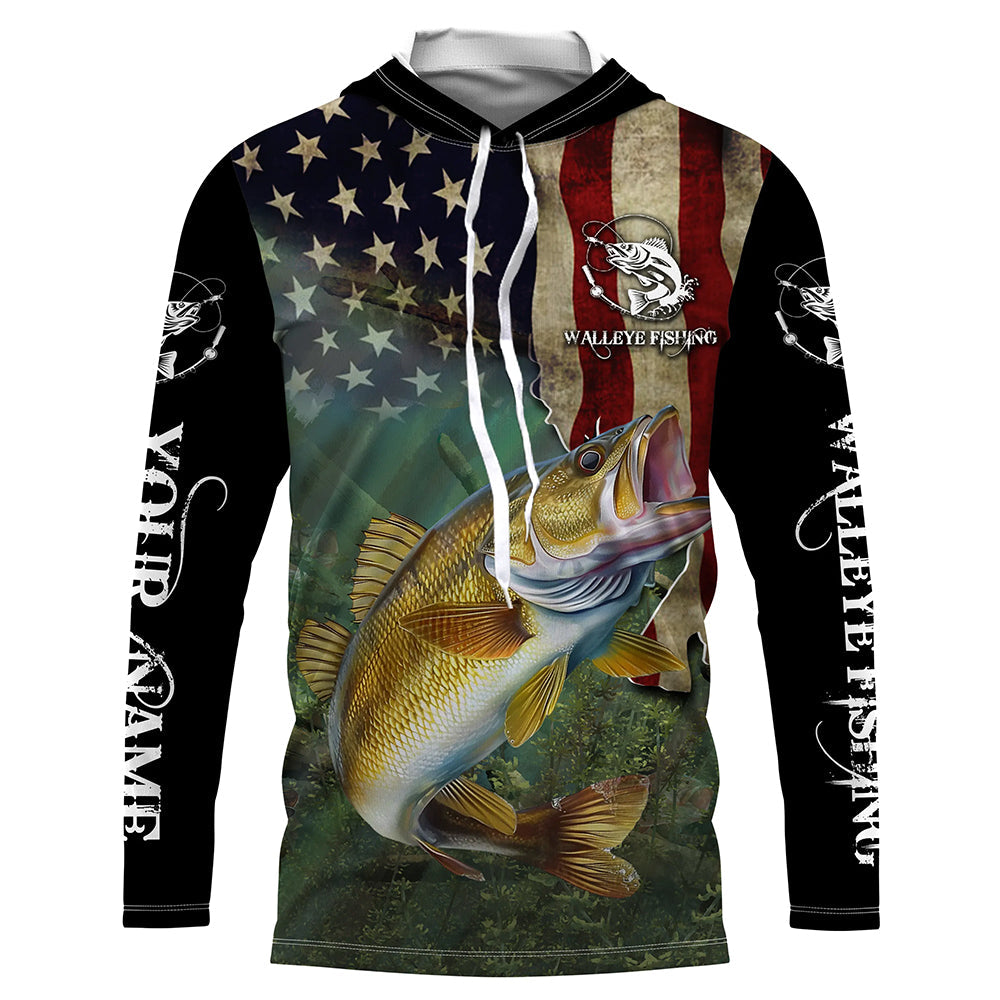 Walleye Fishing 3D American Flag Patriotic Customize name UV protection long sleeve fishing NQS467
