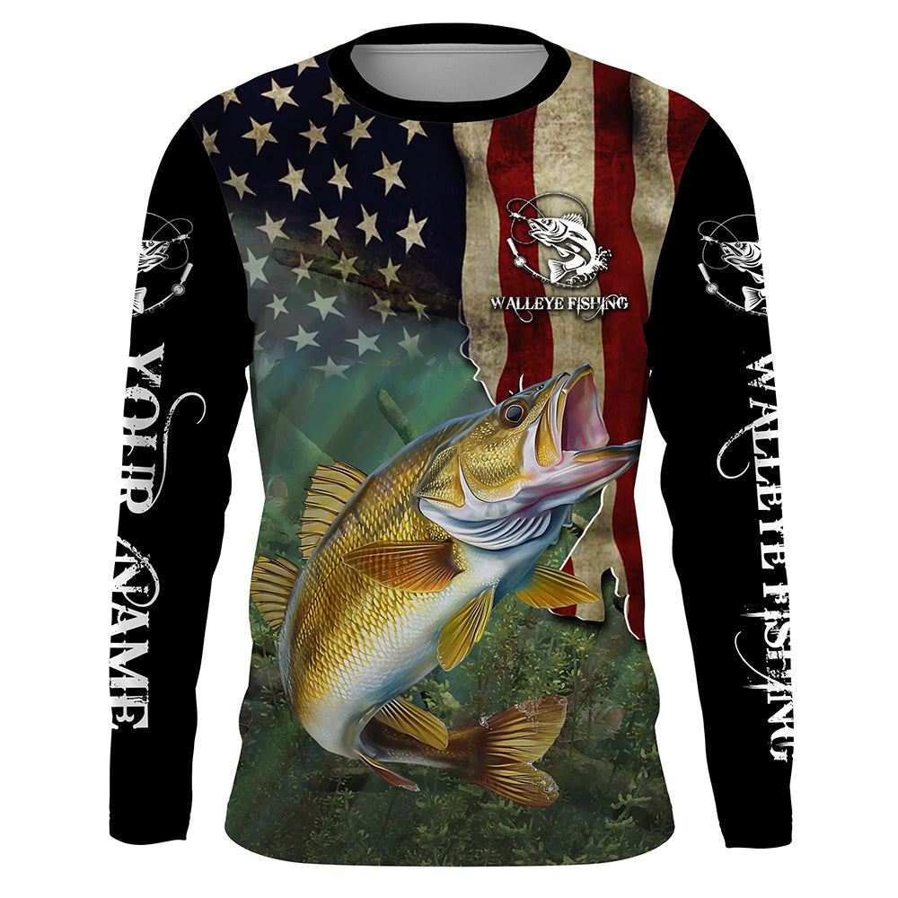 Walleye Fishing 3D American Flag Patriotic Customize name UV protection long sleeve fishing NQS467