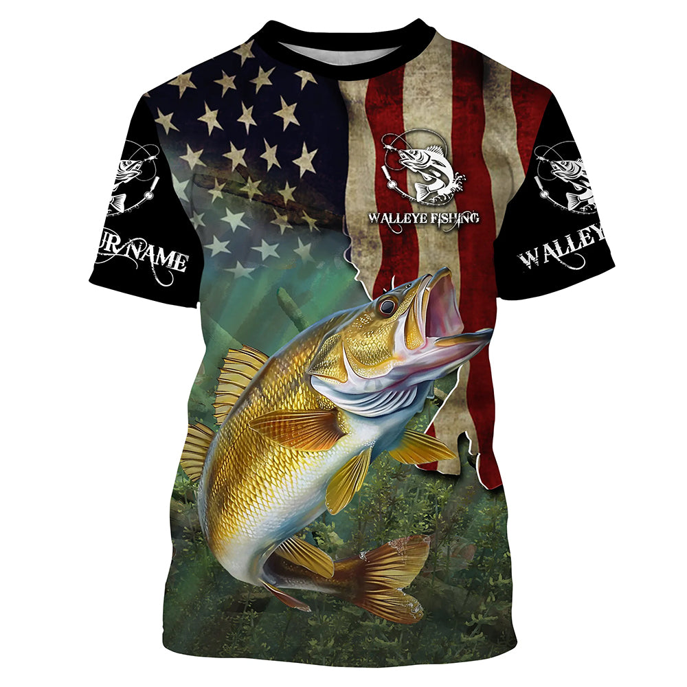 Walleye Fishing 3D American Flag Patriotic Customize name UV protection long sleeve fishing NQS467