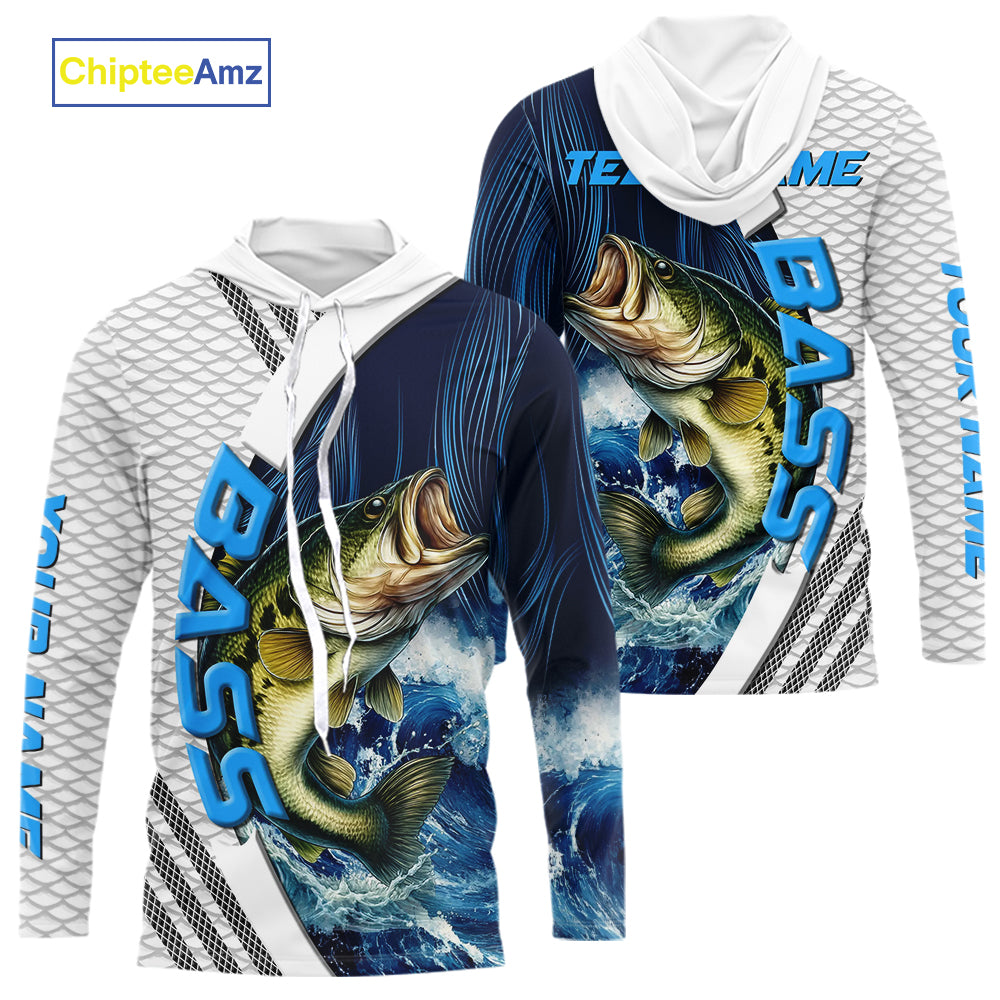 Blue and White Camo Largemouth Bass fishing Custom name sun protection Bass fishing team NQS9981