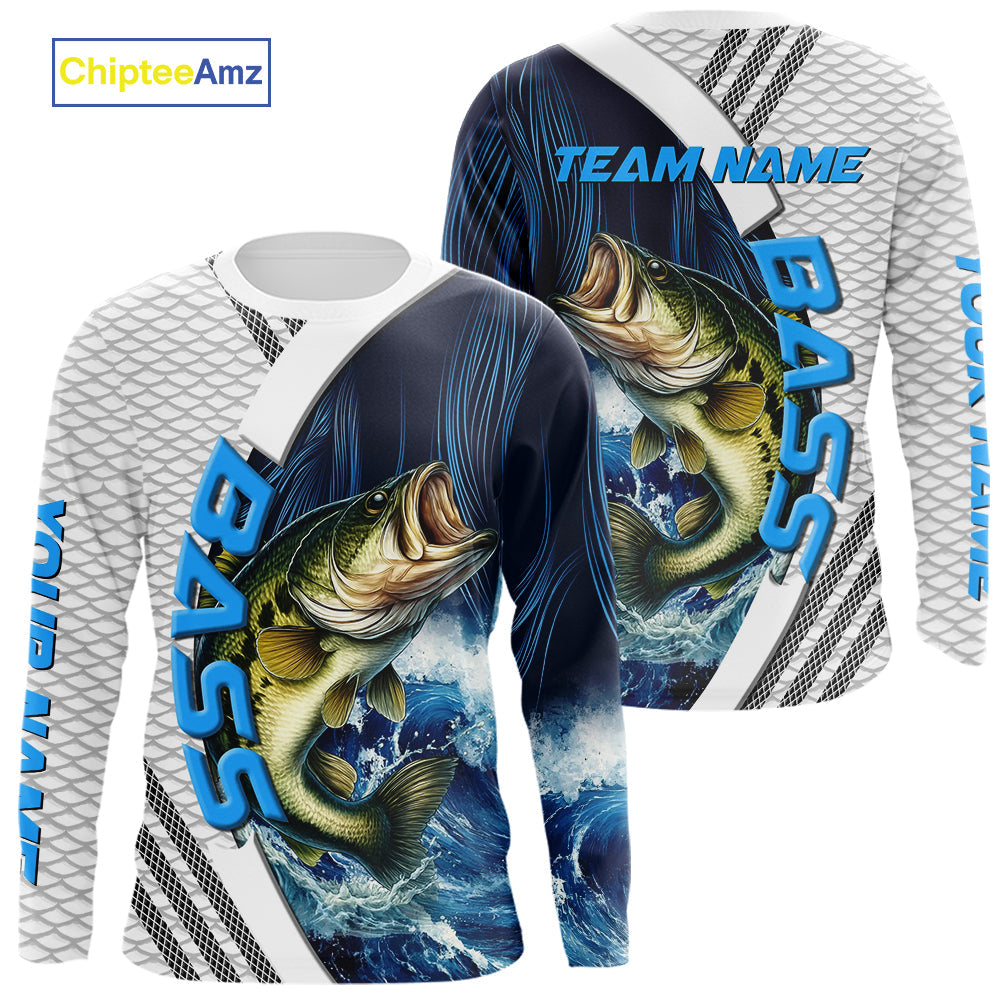 Blue and White Camo Largemouth Bass fishing Custom name sun protection Bass fishing team NQS9981