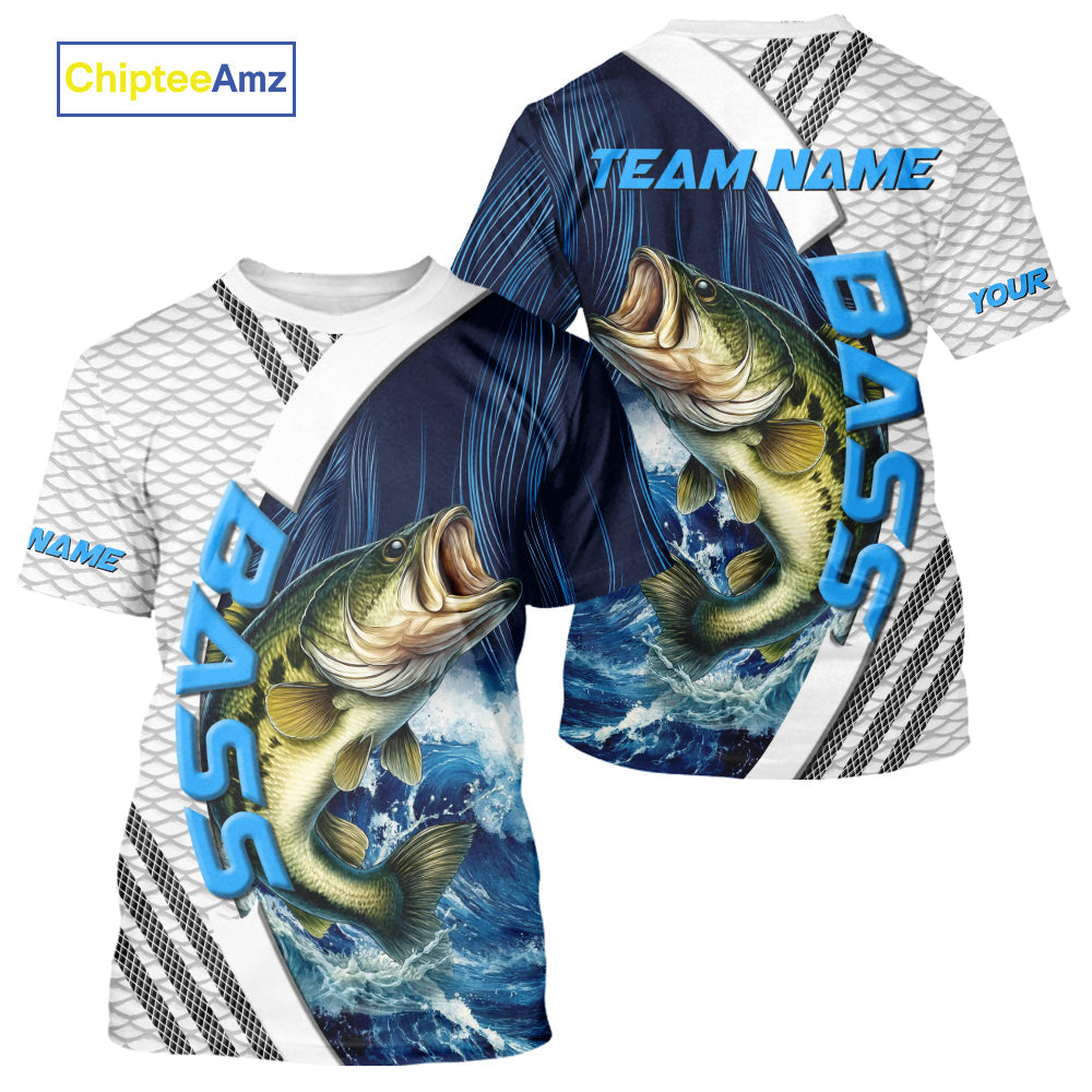 Blue and White Camo Largemouth Bass fishing Custom name sun protection Bass fishing team NQS9981