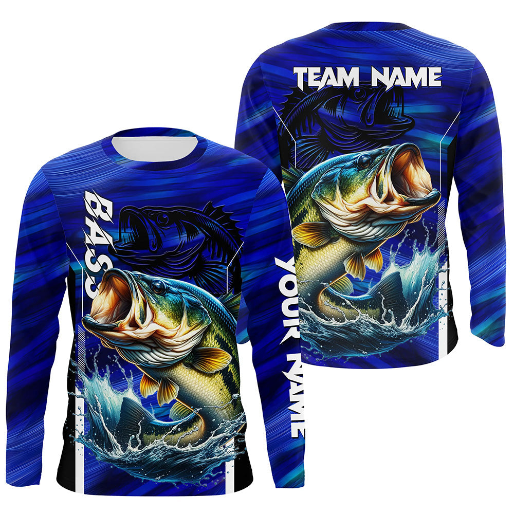 Largemouth Bass Fishing Custom long sleeve performance fishing, team fishing | Blue NQS8501