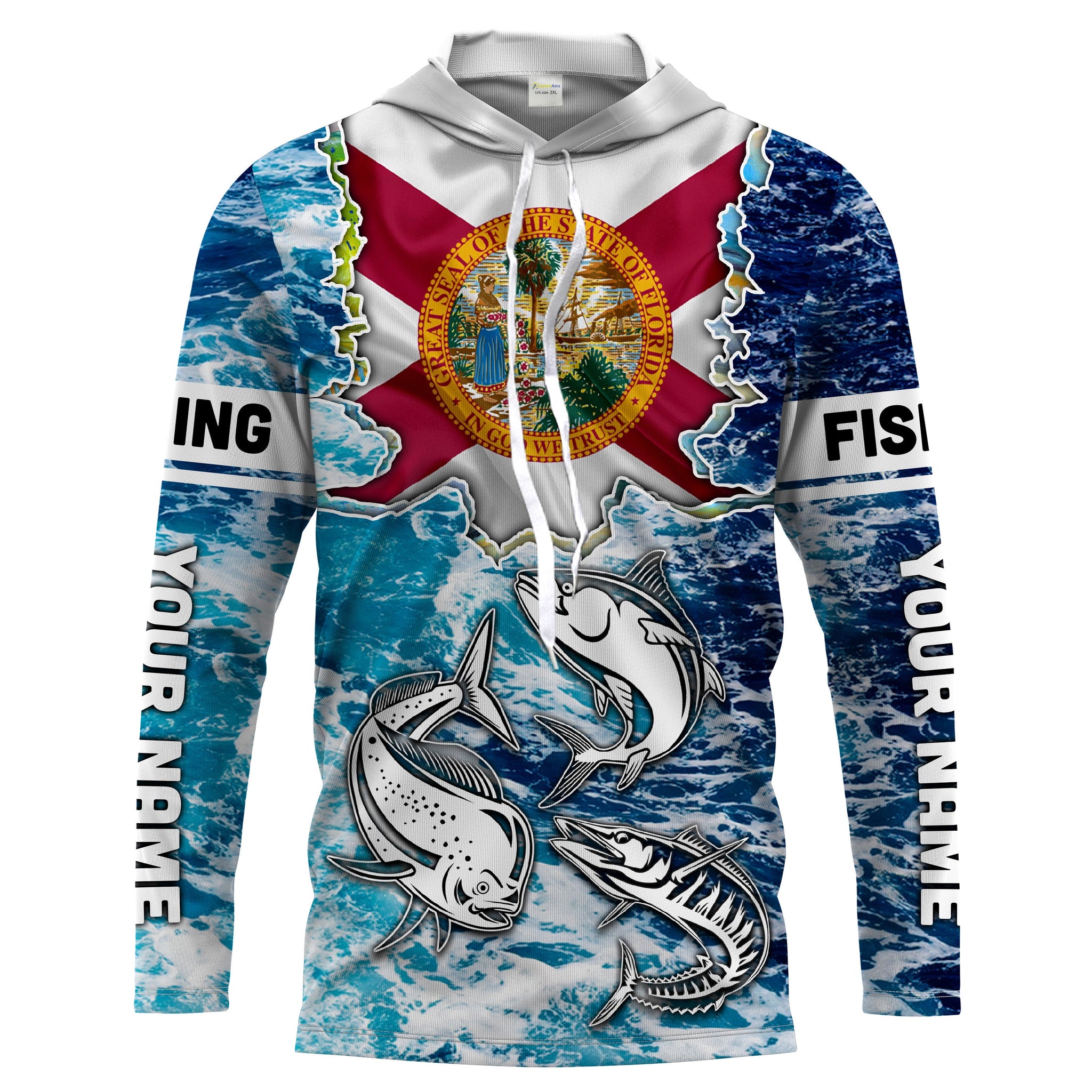 Florida Flag Mahimahi, wahoo, Tuna blue camo performance fishing UV protection customize long sleeves NQS2123