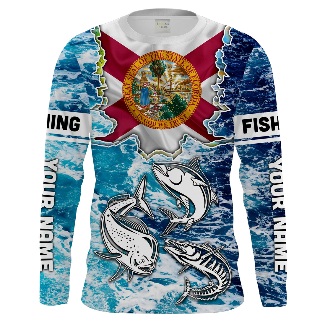 Florida Flag Mahimahi, wahoo, Tuna blue camo performance fishing UV protection customize long sleeves NQS2123