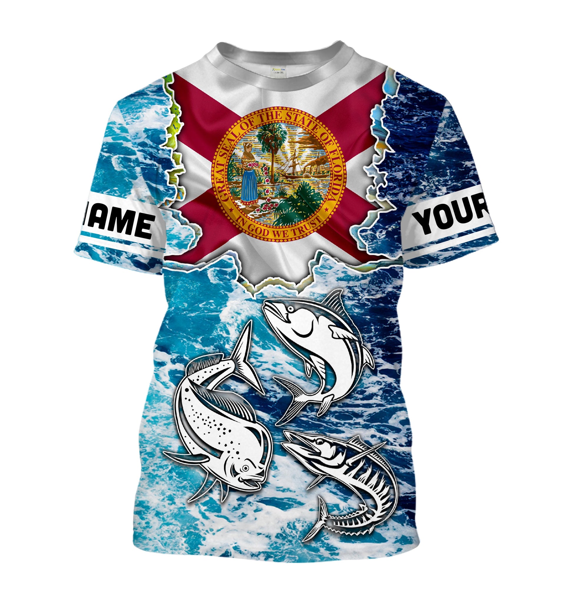 Florida Flag Mahimahi, wahoo, Tuna blue camo performance fishing UV protection customize long sleeves NQS2123