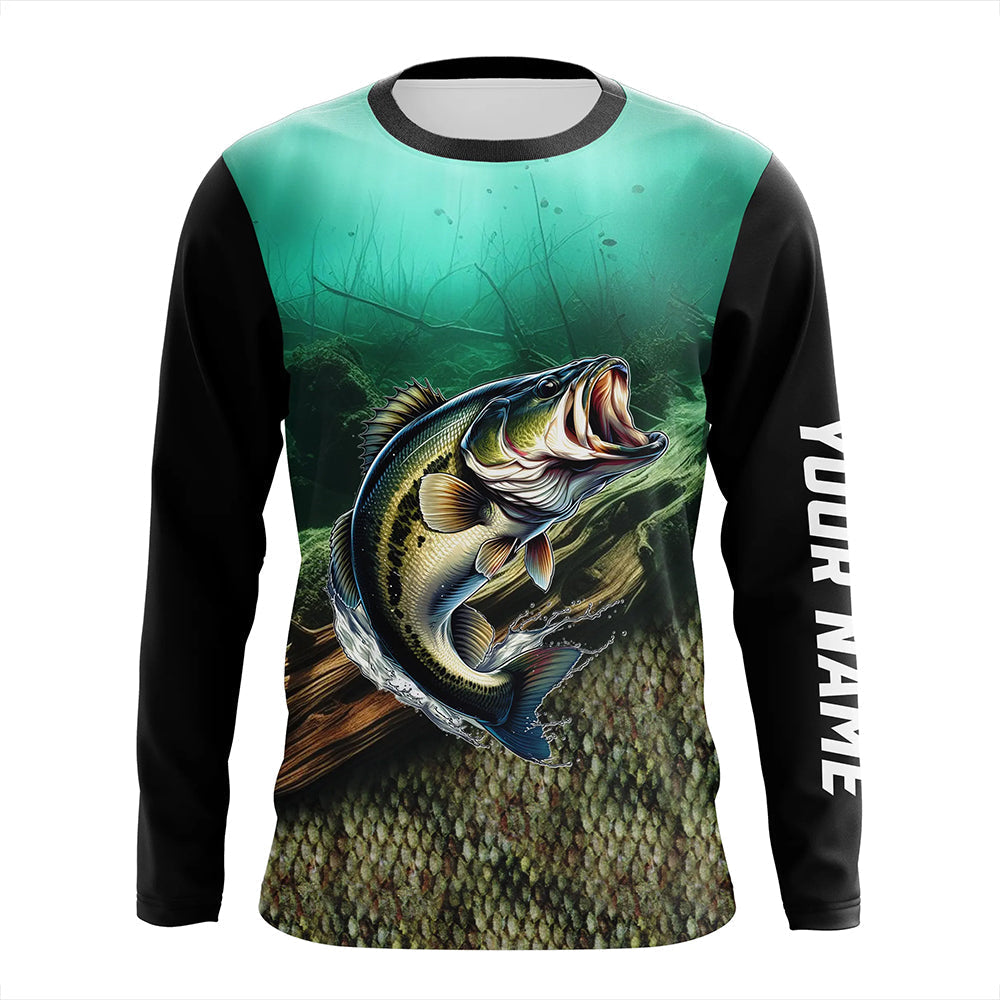 Largemouth Bass fishing green scales Custom UV protection performance long sleeve fishing NQS7171