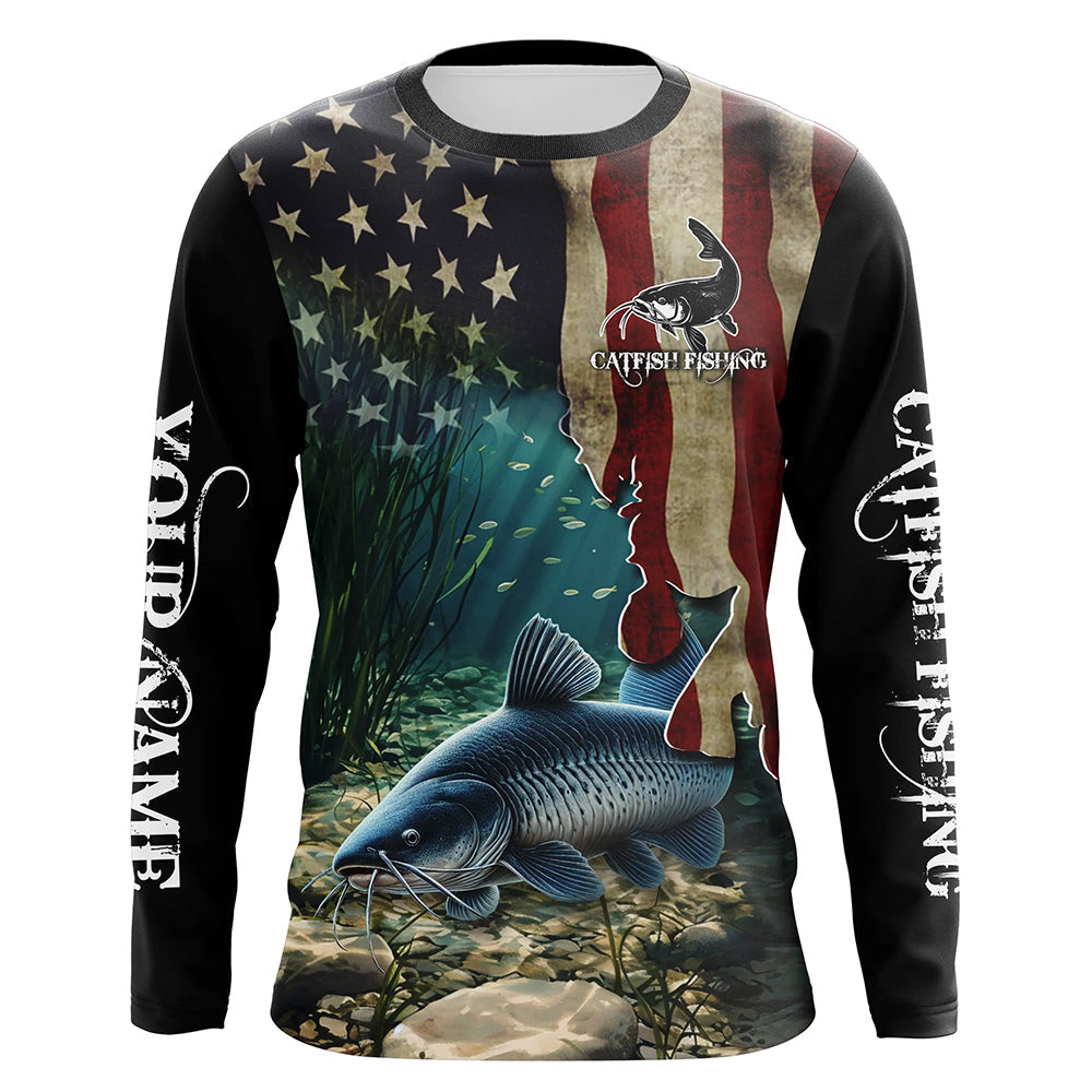Catfish Fishing American Flag Patriotic Custom Long sleeve fishing, personalized fishing gift NQS484