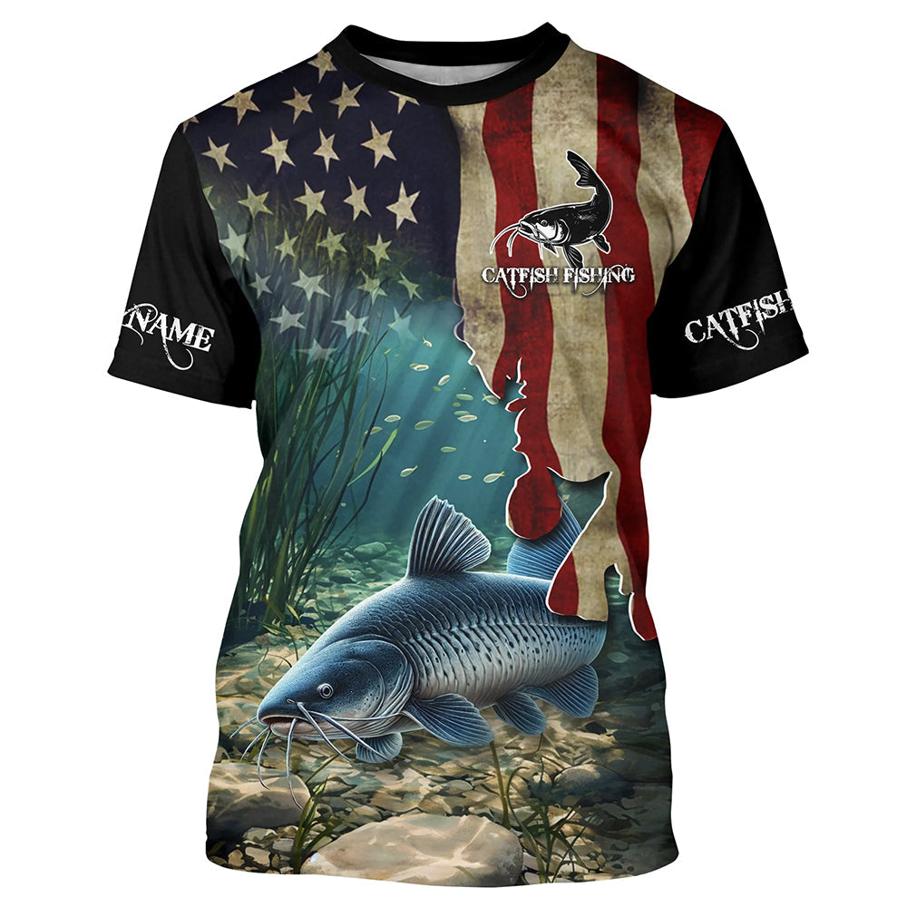 Catfish Fishing American Flag Patriotic Custom Long sleeve fishing, personalized fishing gift NQS484