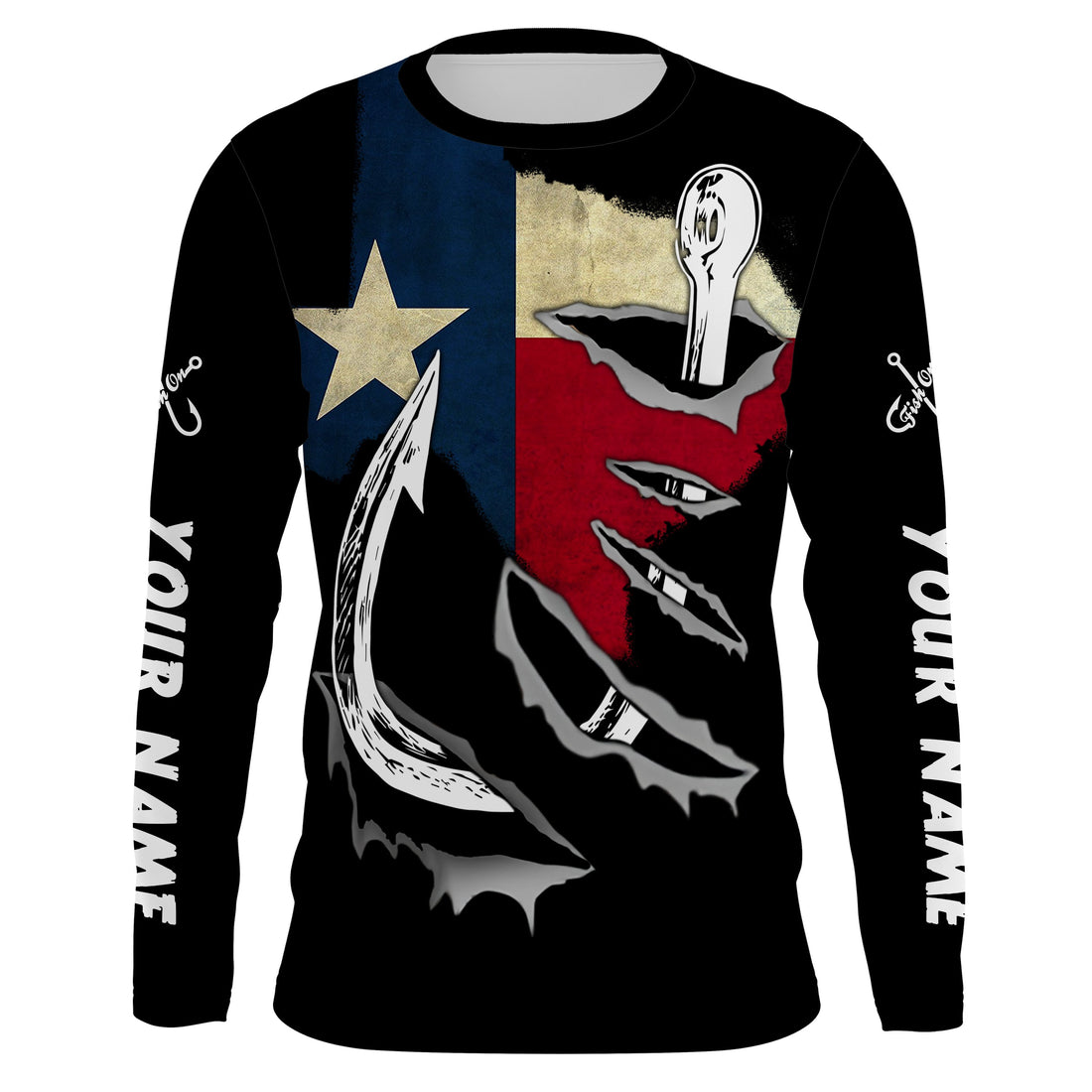 TX Fishing 3D Fish Hook Texas Flag black vintage UV protection custom long sleeves fishing NQS1342