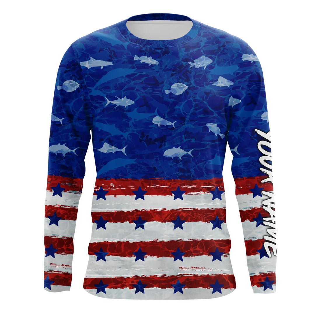 American flag patriotic saltwater fishing blue camo Custom Long Sleeve Tournament Fishing NQS5009
