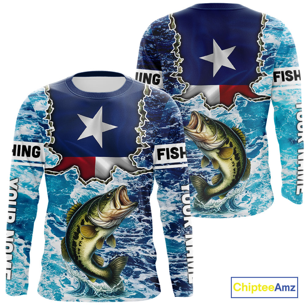 Texas Bass Fishing blue ocean camo custom Largemouth Bass long sleeves performance fishing NQS9999