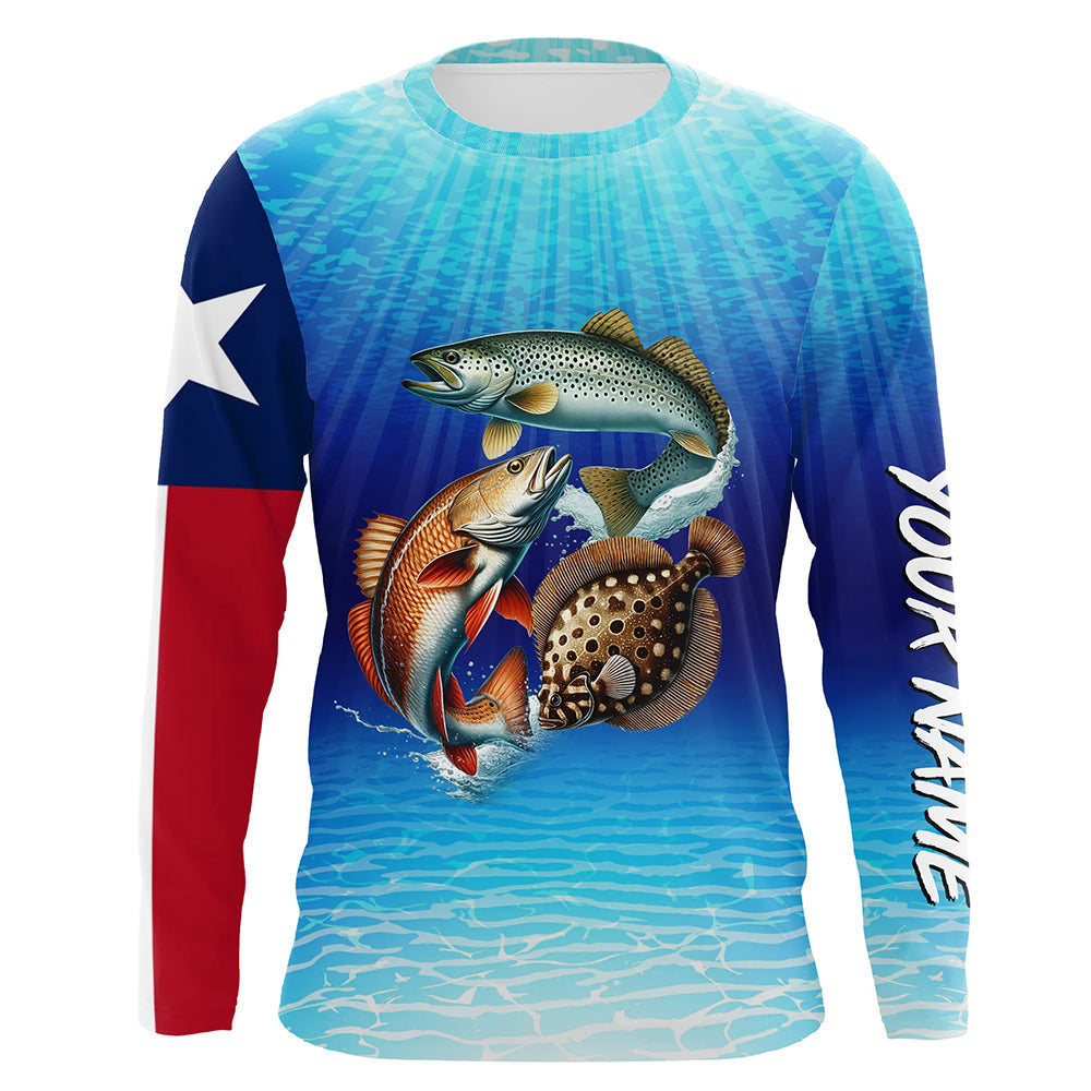 Personalized Texas Slam Redfish, trout, flounder Long Sleeve Performance Texas flag Fishing NQS6678