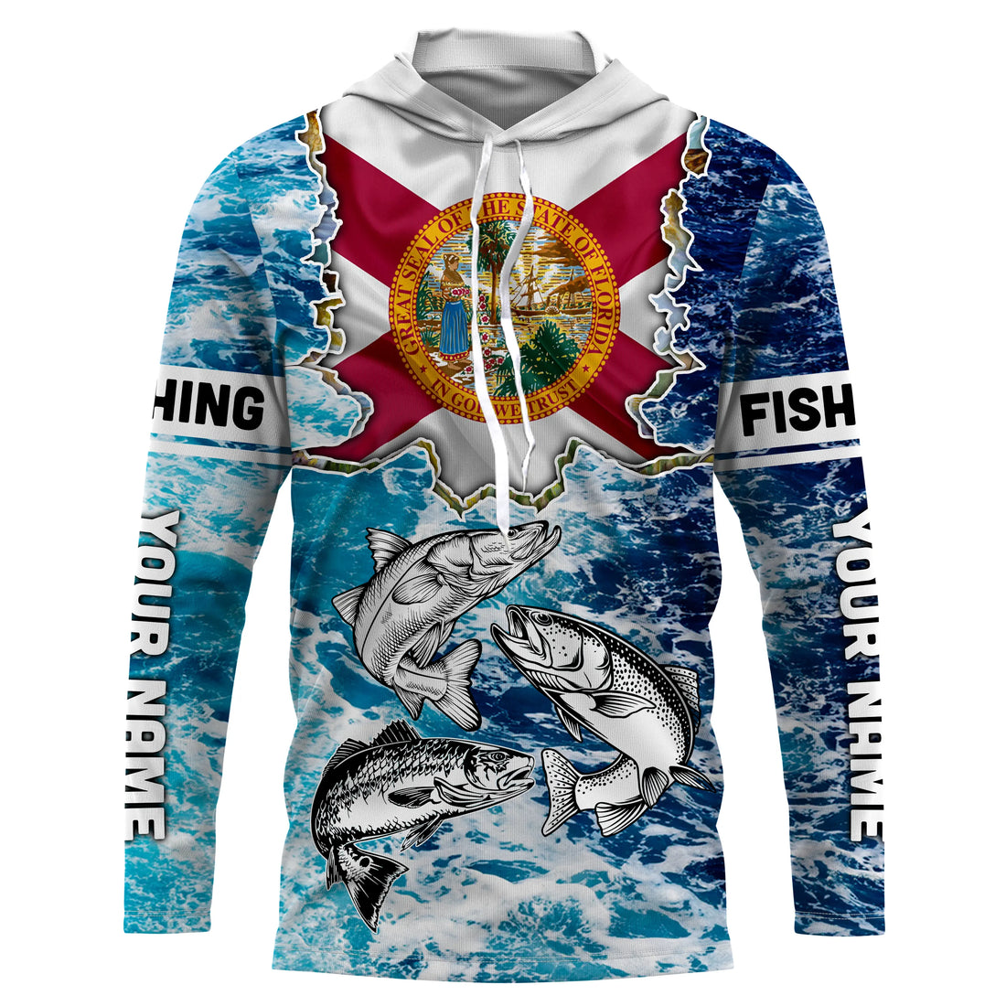 Florida Flag Redfish, trout, snook blue wave camo custom performance long sleeve fishing NQS4771