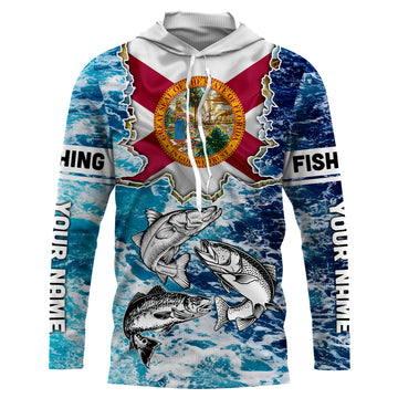 Florida Flag Redfish, trout, snook blue wave camo custom performance long sleeve fishing NQS4771