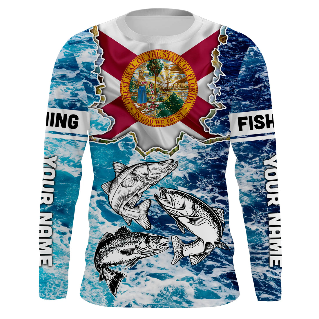 Florida Flag Redfish, trout, snook blue wave camo custom performance long sleeve fishing NQS4771