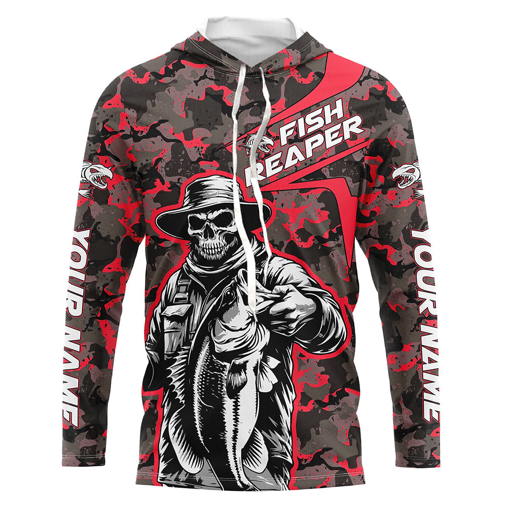 Custom Fish Reaper Skull Bass Long Sleeve Fishing, Bass Hunter Fishing | Red Camo