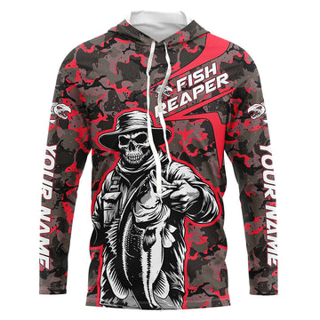 Custom Fish Reaper Skull Bass Long Sleeve Fishing, Bass Hunter Fishing | Red Camo