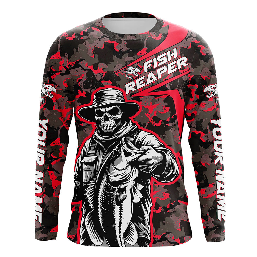 Custom Fish Reaper Skull Bass Long Sleeve Fishing, Bass Hunter Fishing | Red Camo