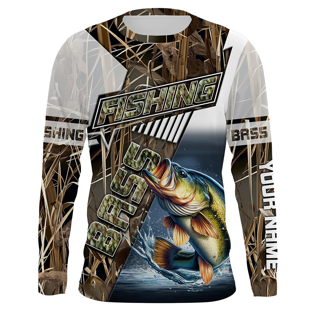 Largemouth bass fishing grey camo Customize name long sleeves fishing NQS1861