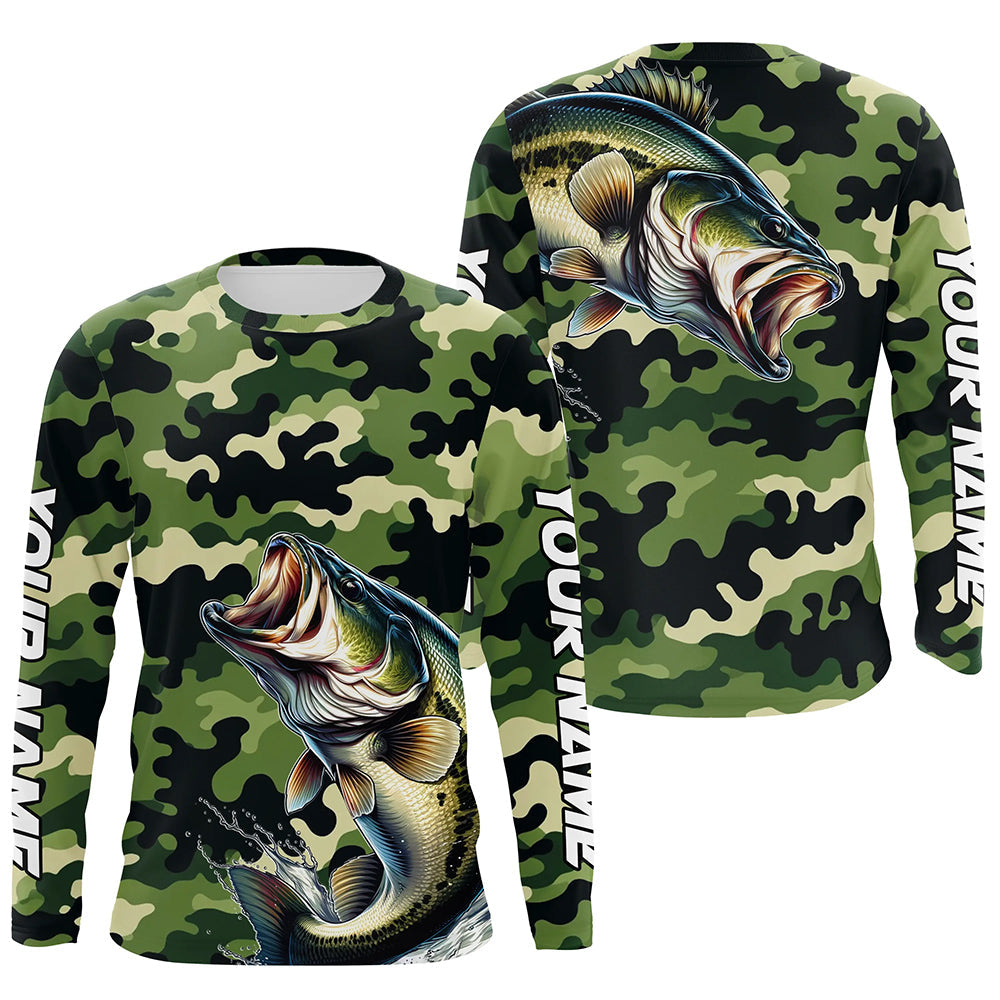 Black Green camo Bass fishing Custom Long Sleeve Tournament Fishing, Performance Bass NQS7530