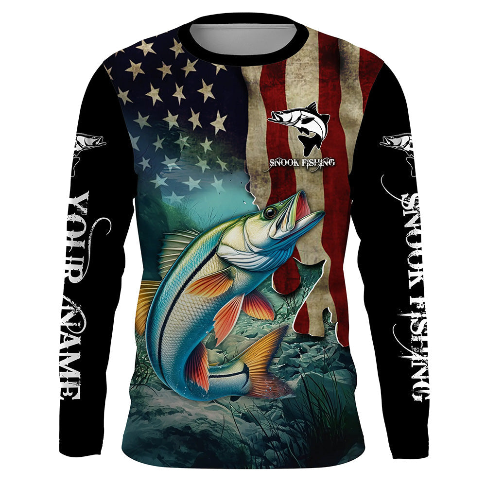 Snook Fishing 3D American Flag Patriotic Customize name Sun protection long sleeve fishing NQS513
