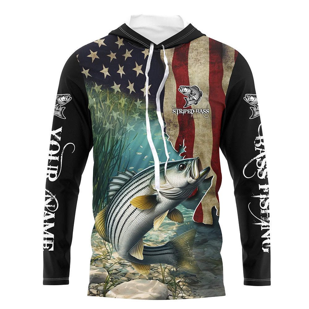 Striped Bass Striper Fishing American Flag Patriotic Custom Sun protection long sleeve fishing NQS512