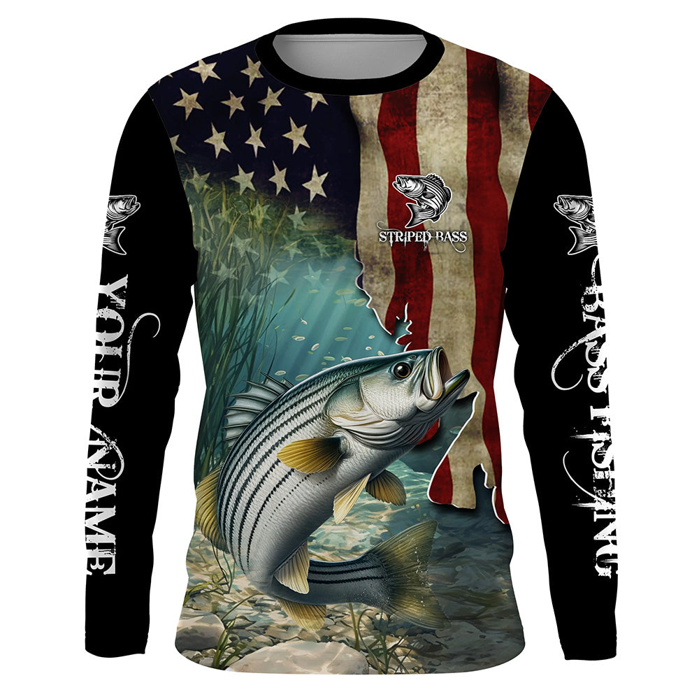 Striped Bass Striper Fishing American Flag Patriotic Custom Sun protection long sleeve fishing NQS512