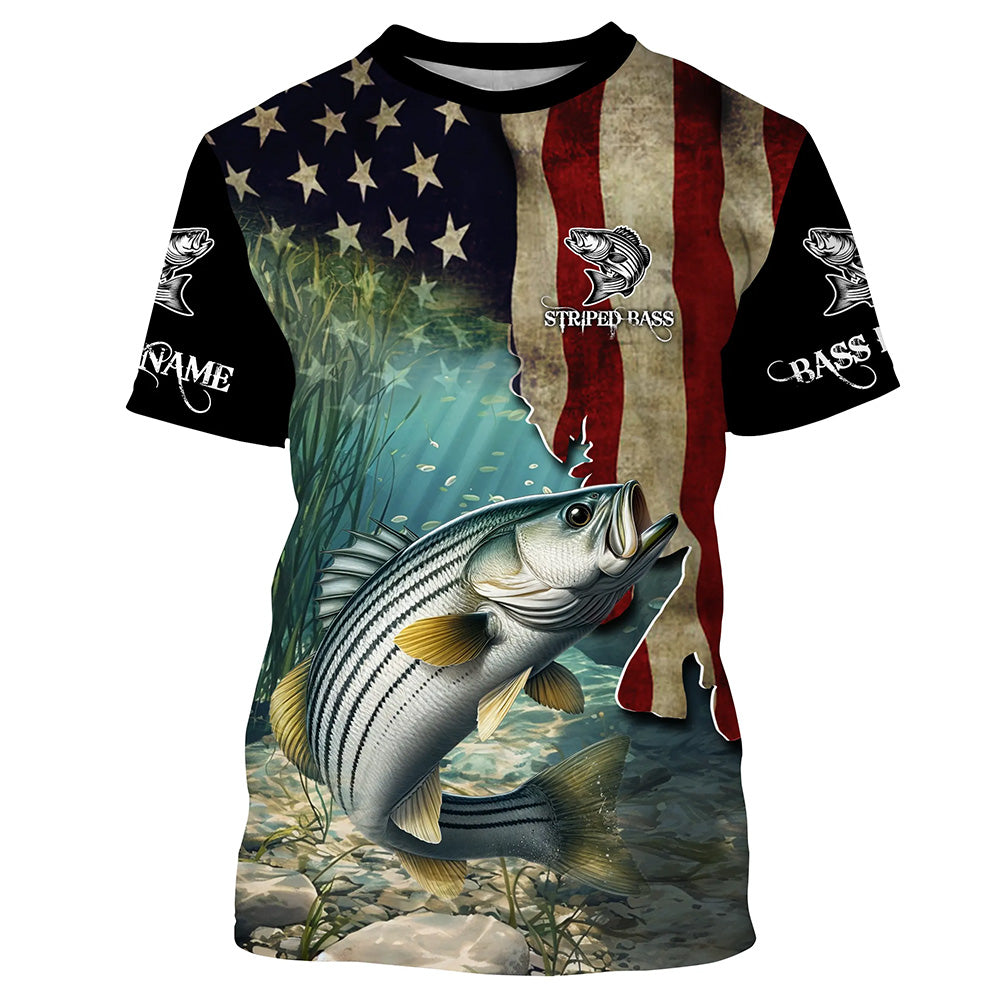 Striped Bass Striper Fishing American Flag Patriotic Custom Sun protection long sleeve fishing NQS512