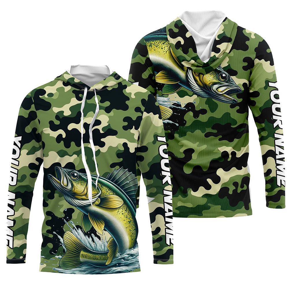 Black Green camo Walleye fishing Custom Long Sleeve Tournament Fishing, Walleye fishing NQS7553