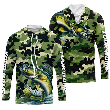 Black Green camo Walleye fishing Custom Long Sleeve Tournament Fishing, Walleye fishing NQS7553