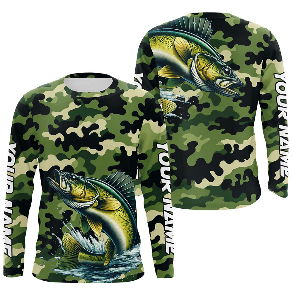 Black Green camo Walleye fishing Custom Long Sleeve Tournament Fishing, Walleye fishing NQS7553