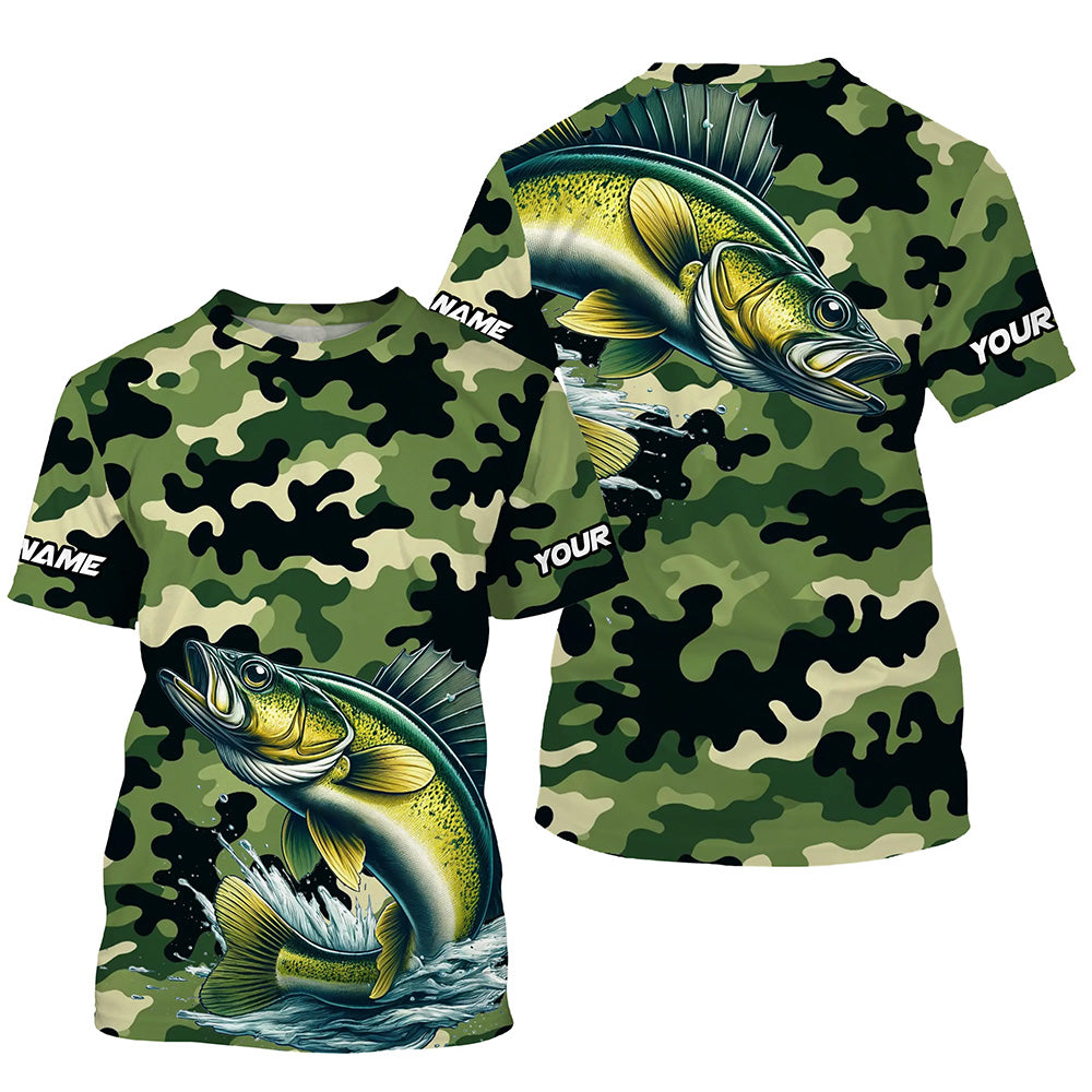 Black Green camo Walleye fishing Custom Long Sleeve Tournament Fishing, Walleye fishing NQS7553