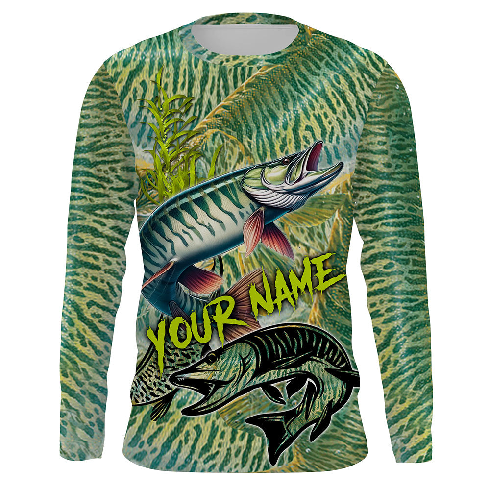 Personalized Muskellunge Fishing, Musky green scales long sleeve fishing NQS3684