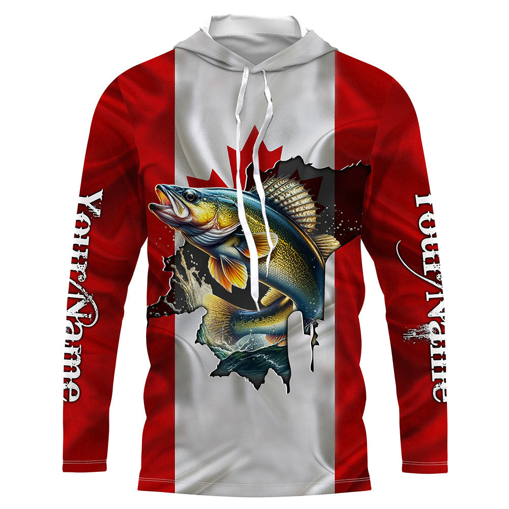 Walleye fishing Canadian flag patriot UV protection Customize name long sleeves fishing NQS7572