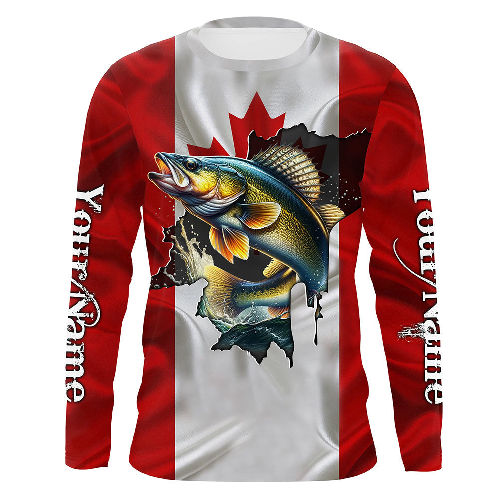 Walleye fishing Canadian flag patriot UV protection Customize name long sleeves fishing NQS7572