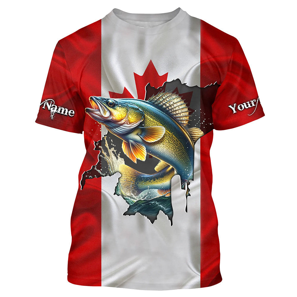 Walleye fishing Canadian flag patriot UV protection Customize name long sleeves fishing NQS7572