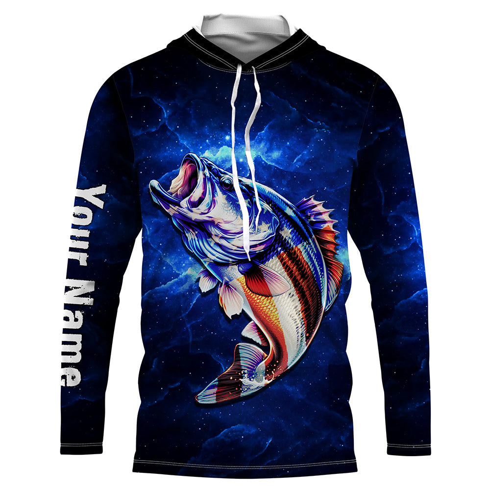 American flag Largemouth Bass Fishing blue galaxy background Custom name UV protection fishing NQS782