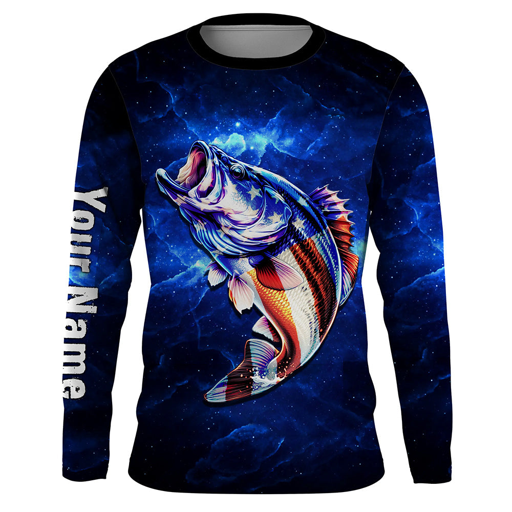 American flag Largemouth Bass Fishing blue galaxy background Custom name UV protection fishing NQS782