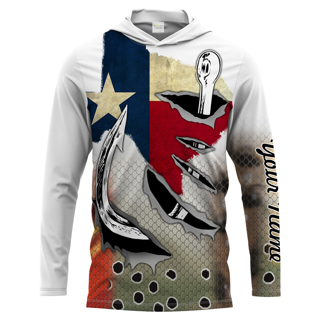 Texas Slam Redfish, Trout, Flounder fish hook Custom Texas patriotic, Long Sleeve performance Fishing NQS2048