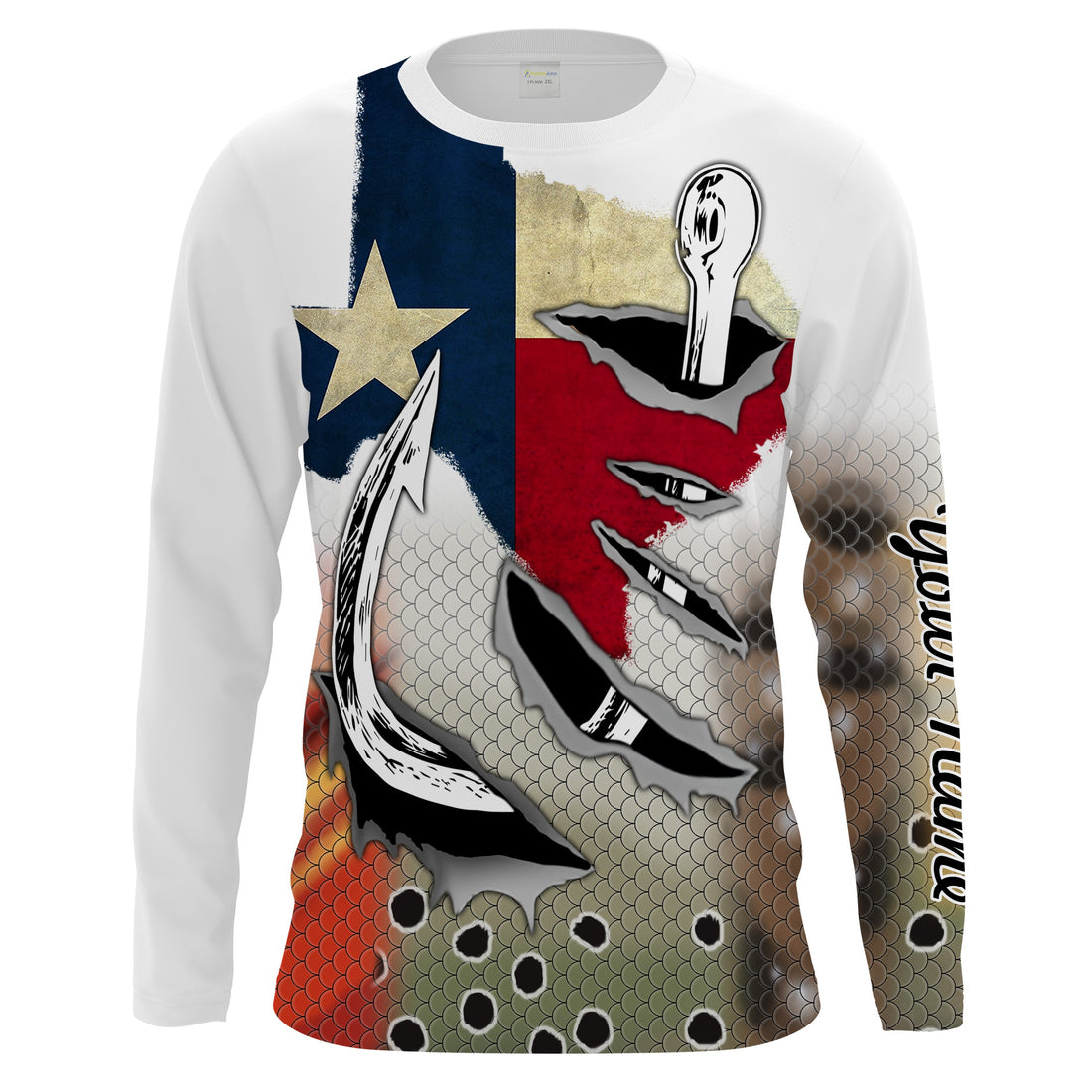 Texas Slam Redfish, Trout, Flounder fish hook Custom Texas patriotic, Long Sleeve performance Fishing NQS2048