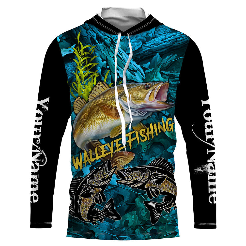 Blue camo walleye fishing custom UV protection long sleeve fishing, walleye tournament NQS5144