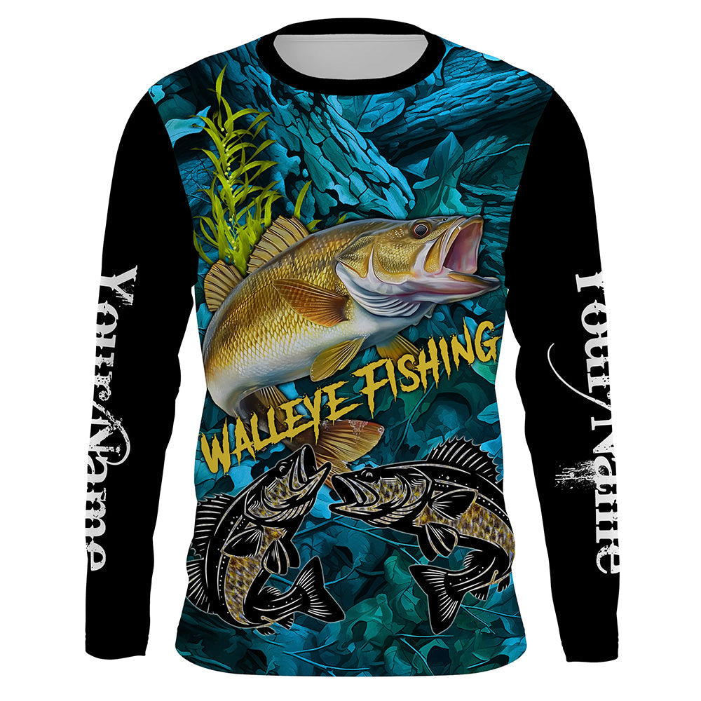 Blue camo walleye fishing custom UV protection long sleeve fishing, walleye tournament NQS5144