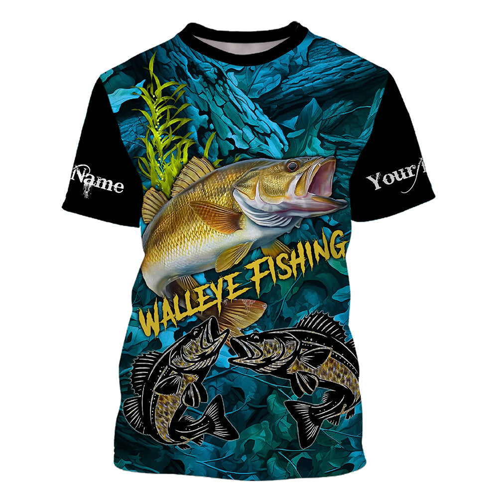 Blue camo walleye fishing custom UV protection long sleeve fishing, walleye tournament NQS5144