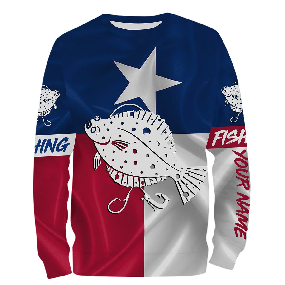 Flounder Tattoo fishing Texas Flag 3D All Over print saltwater personalized fishing apparel for Adult and kid NQS401