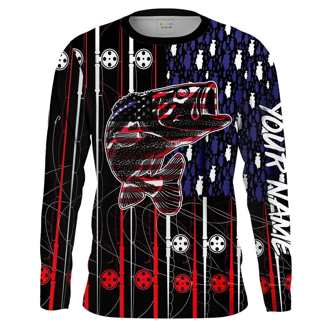Bass American flag patriotic fishing rod Long Sleeve fishing personalized fishing gift NQS1771