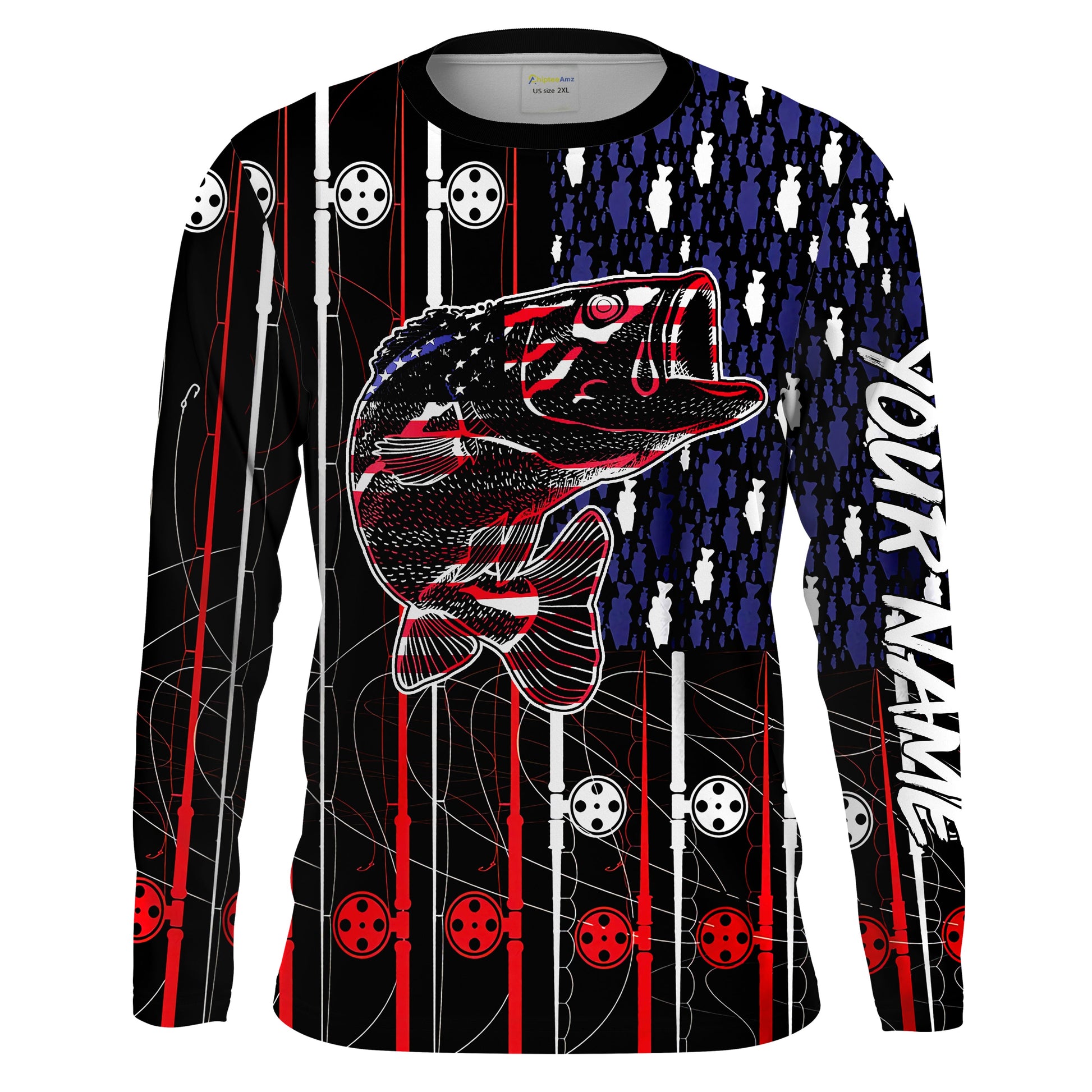 Bass American flag patriotic fishing rod Long Sleeve fishing personalized fishing gift NQS1771