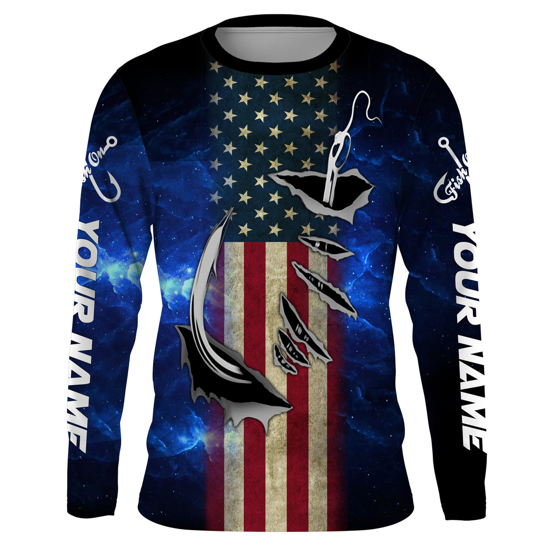 American flag fish hook blue galaxy fishing Custom Name UV Protection performance fishing NQS3024