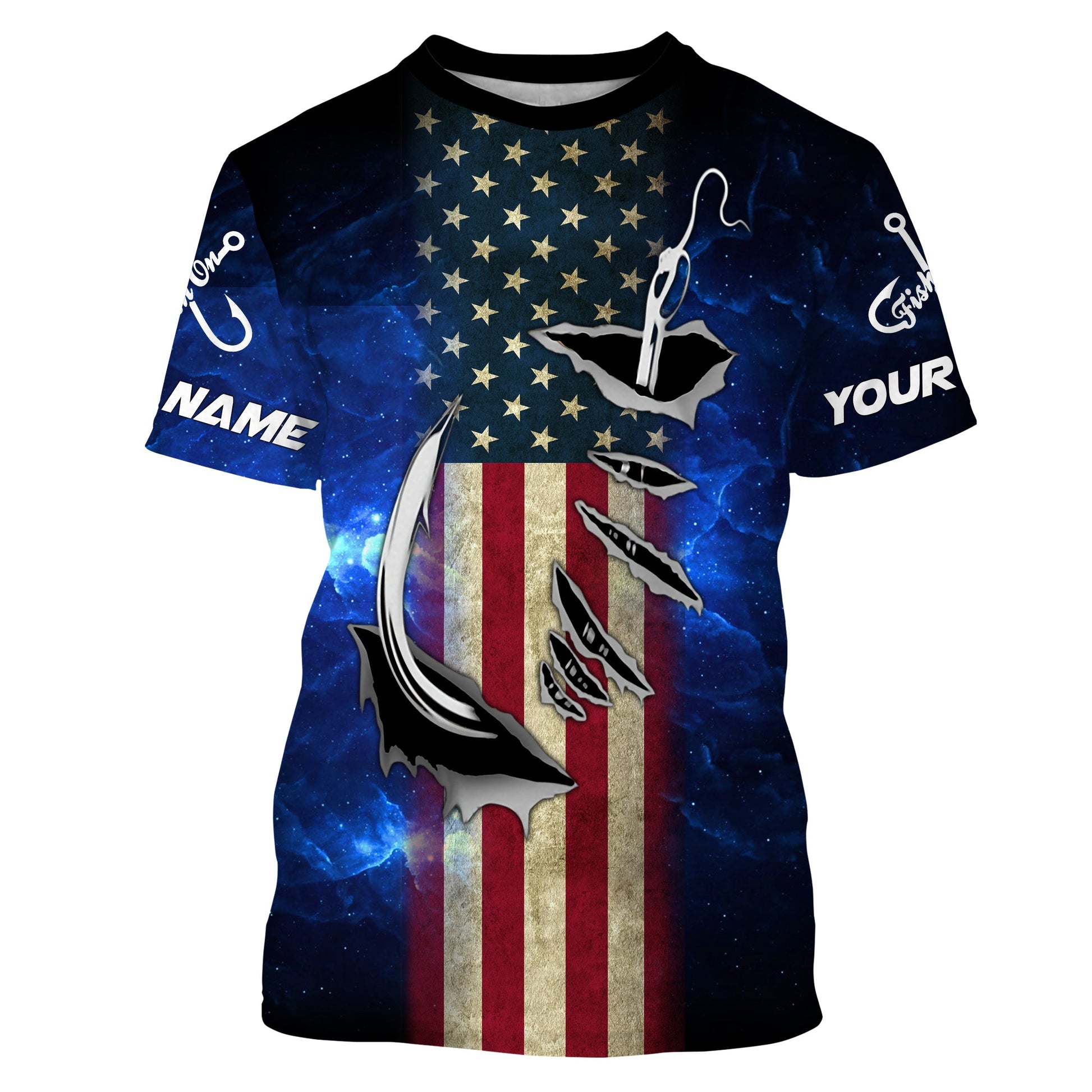 American flag fish hook blue galaxy fishing Custom Name UV Protection performance fishing NQS3024